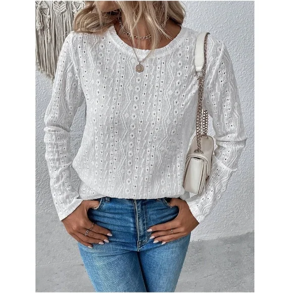 White Long Sleeve Tee Shirt Eyelet Embroidery Somewhat Sheer Round Neck - Picture 4 of 9